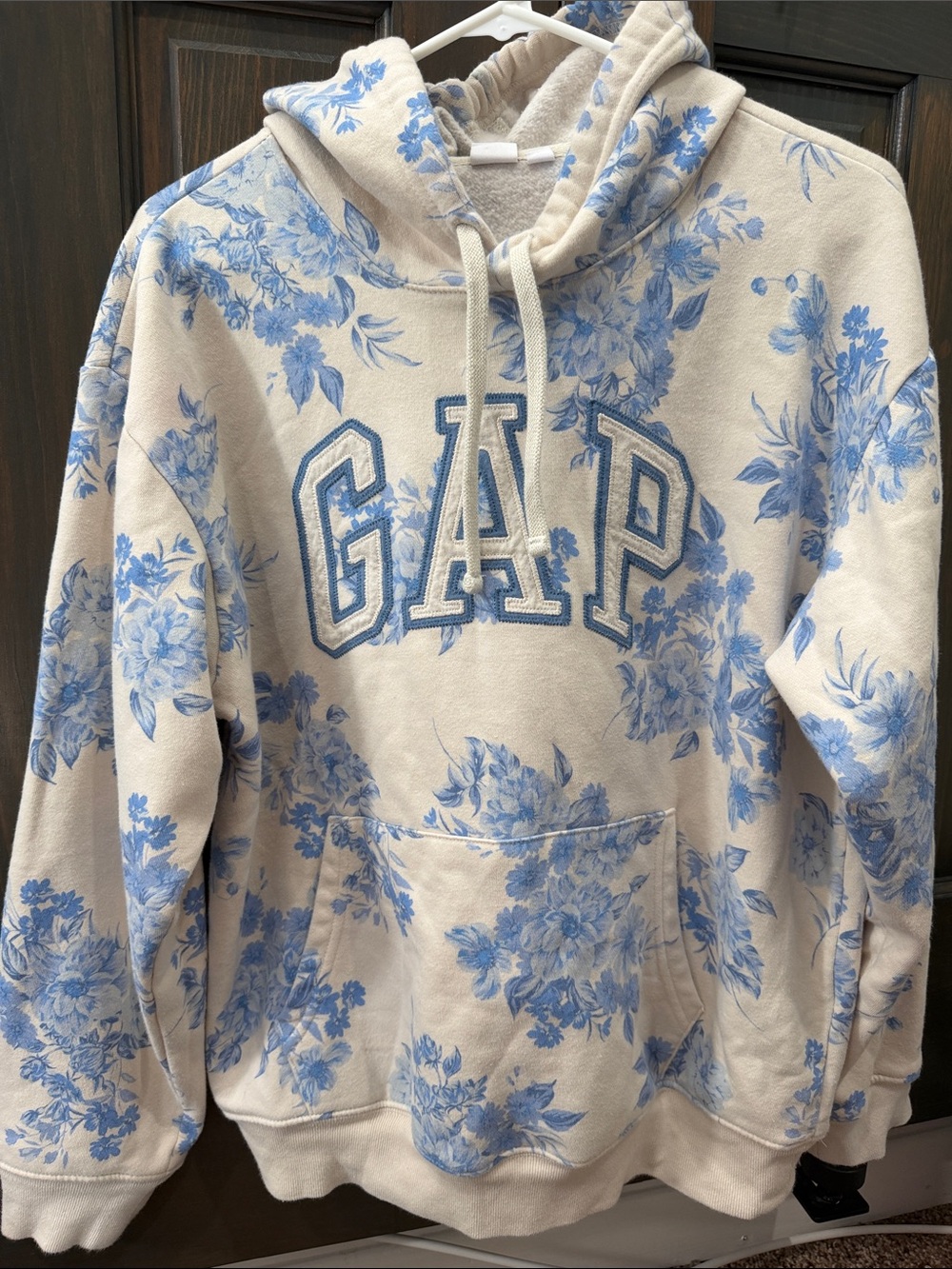 GAP Cream Hoodie with Blue Floral Print women’s medium